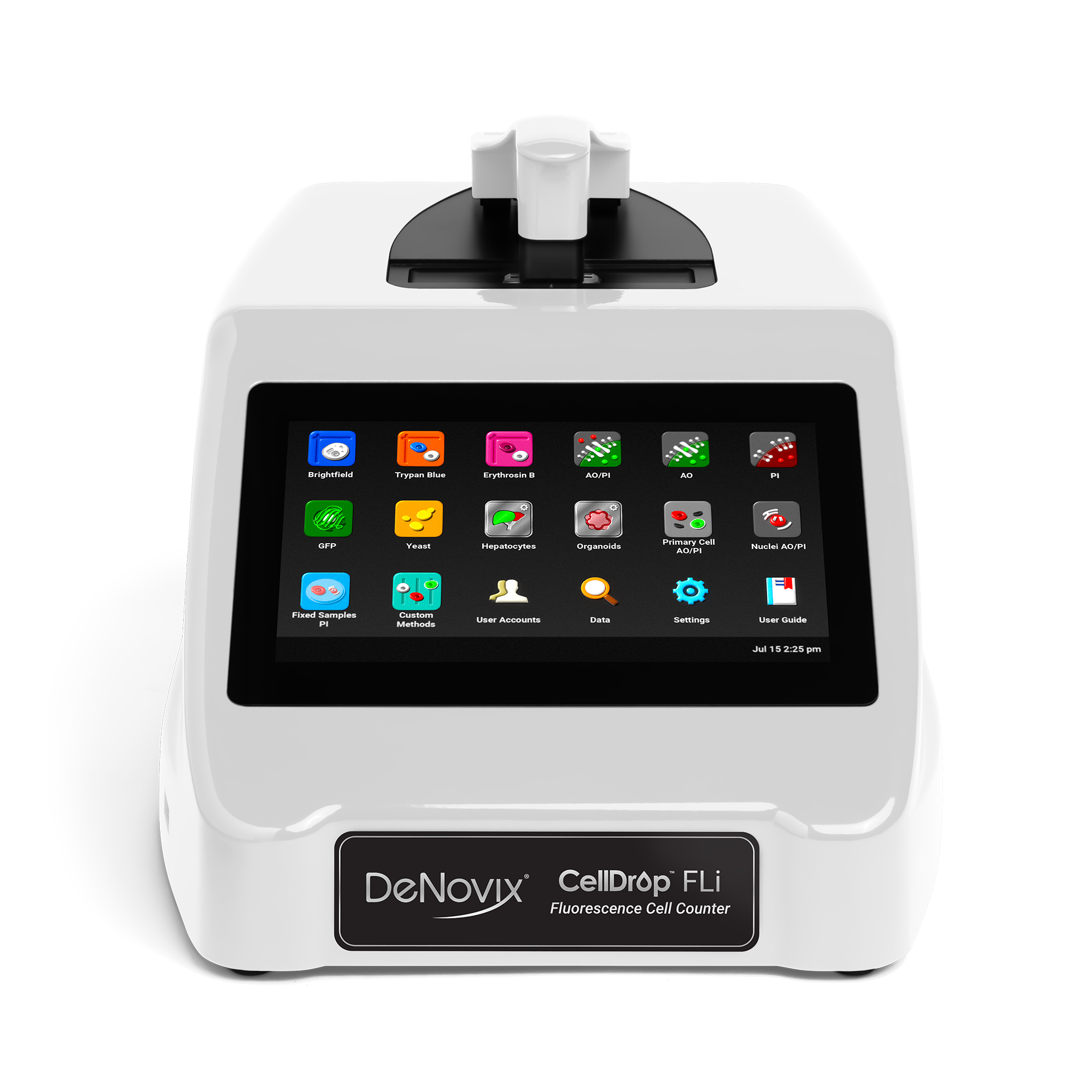 A DeNovix CellDrop FL Cell Counter featuring a touchscreen with colorful app icons.