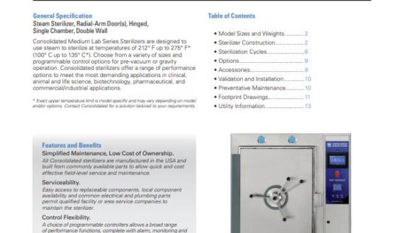 A lab steam sterilizer with a control panel, shown in a product brochure with text and specification tables.