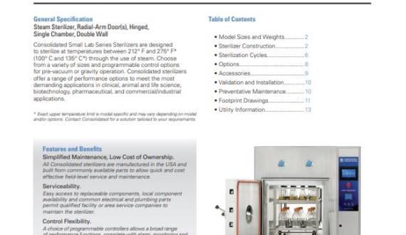 A lab steam sterilizer with its door open, displaying trays inside; technical specs and features listed beside it.