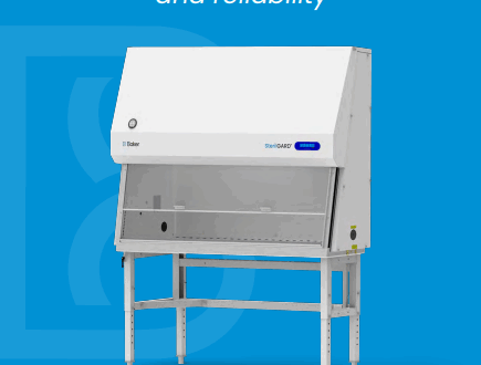 SterilGARD e3 biological safety cabinet on stand with blue background and Baker logo.