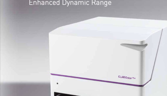 White CLARIOstar Plus microplate reader with a microplate tray extended, shown on a promotional background.