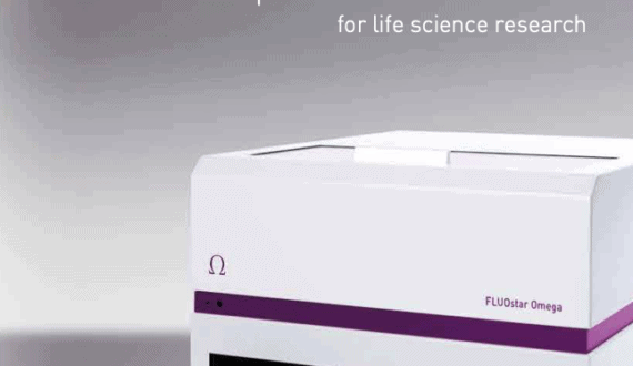 White FLUOstar Omega microplate reader with tray extended, by BMG LABTECH, for life science research.