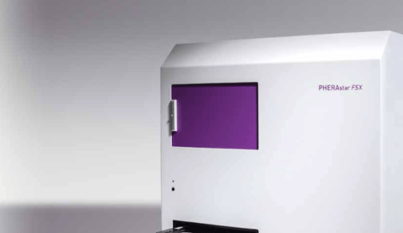 PHERAstar FSX lab instrument with a microplate tray extended, promoting high-throughput screening.