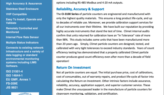 Promotional flyer for Climet CI-3100S remote particle counters with product image and ISO certification logo.