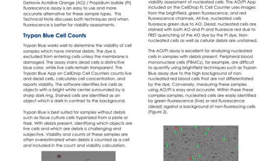 Technical note page with text about cell counters, trypan blue, and two images of CHO cells under a microscope.