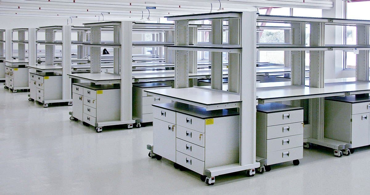 white ergo lab furniture in lab with undercounter storage