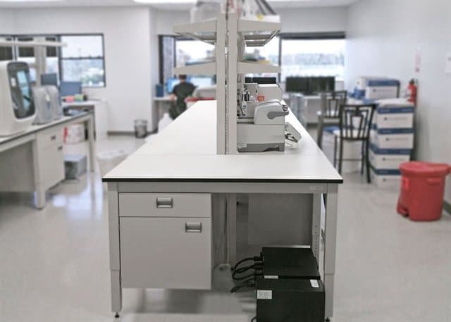 lab table with drawers and dual sided shelves