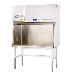 A silver and white vertical laminar flow clean bench against a white background.