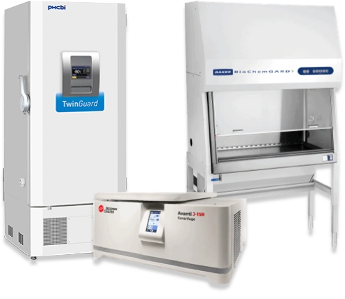 Laboratory equipment including a freezer, a centrifuge, and a biosafety cabinet.