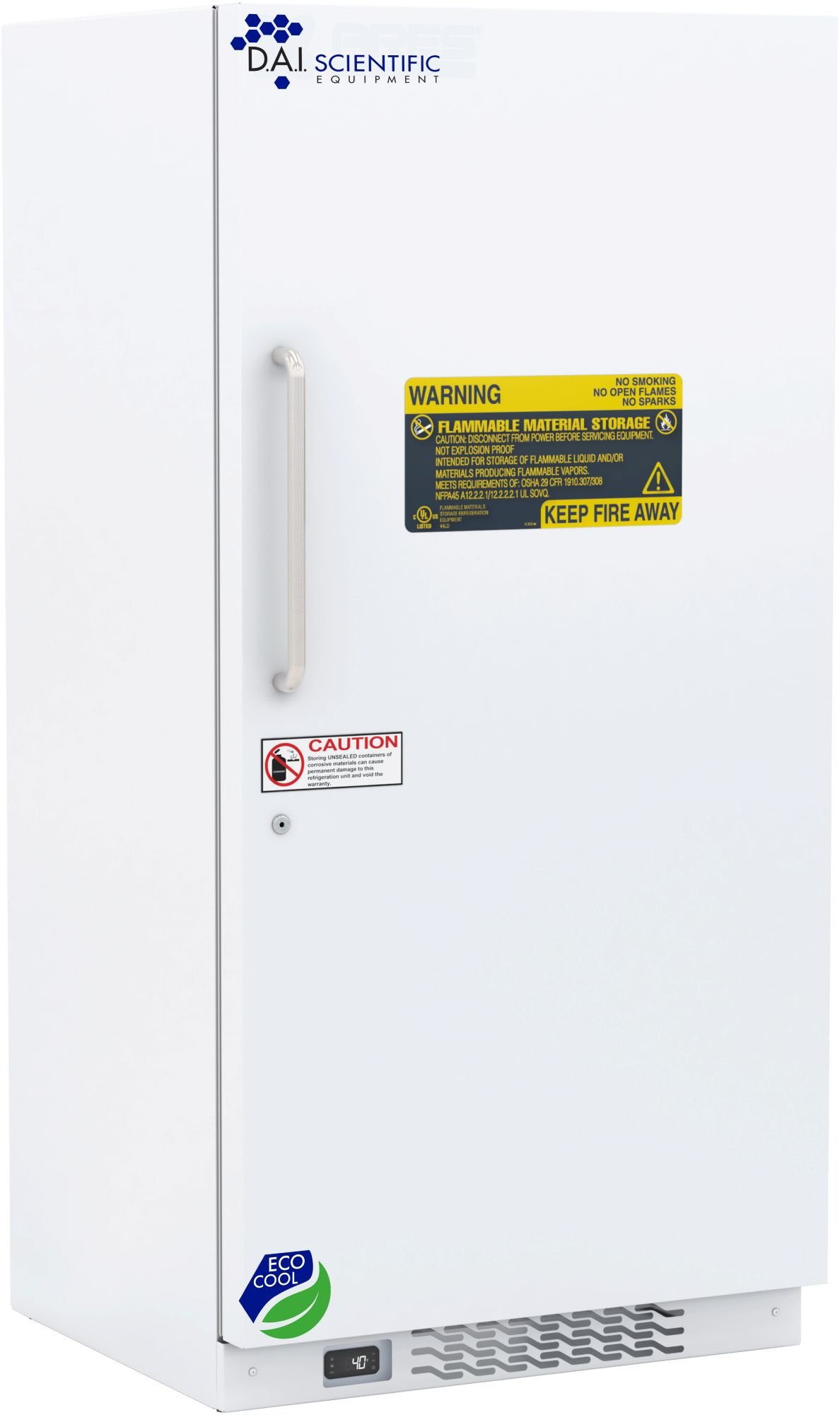 DAI Scientific DAI-HC-FRS-30 Refrigerator, white with warning labels and a handle.