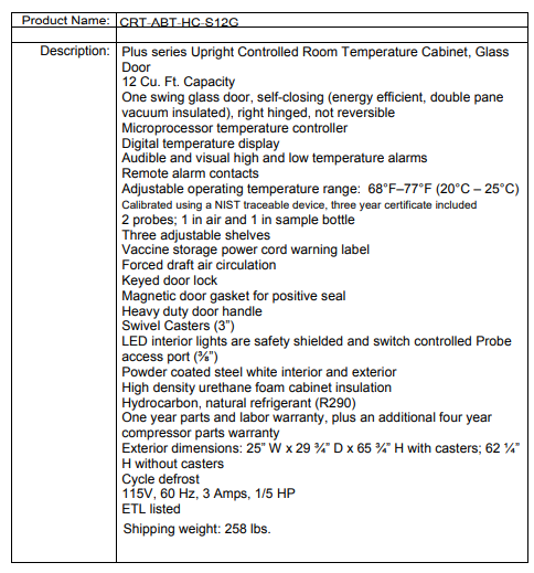 A specification chart details features and dimensions of an upright controlled room temperature cabinet.