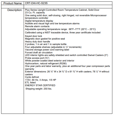 Product specs table for the CRT-DAI-HC-S23S temperature cabinet, listing features and dimensions.