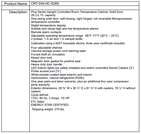 CRT-DAI-HC-S26S spec sheet