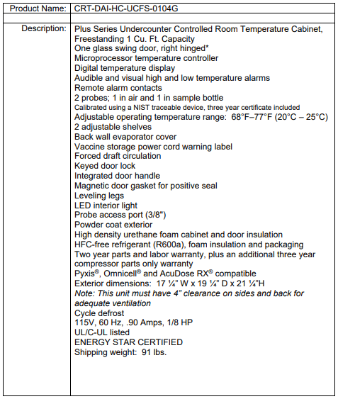 Specification sheet for a controlled room temperature cabinet with features, dimensions, and certifications listed.