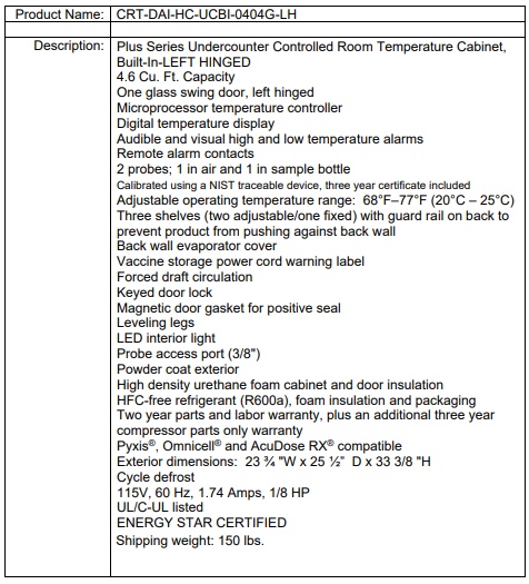 Undercounter lab refrigerator specs sheet with features, temperature range, capacity, and certifications listed.