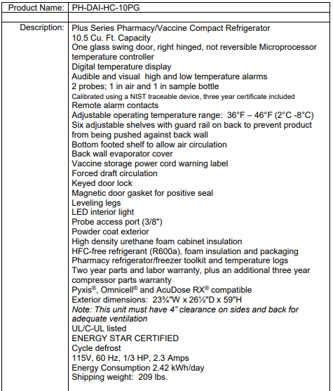 Product info sheet for a small pharmacy/vaccine refrigerator, listing specs, features, dimensions, and certifications.