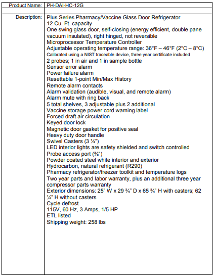 Specification sheet for a pharmacy/vaccine glass door refrigerator listing features, dimensions, and shipping weight.