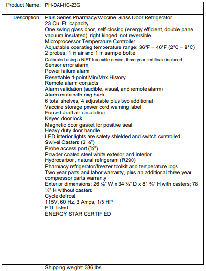 Product info sheet for a pharmacy vaccine refrigerator, listing features, specs, and shipping weight.