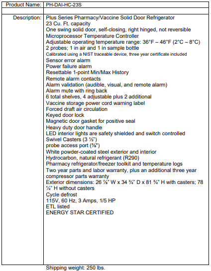 Spec sheet for a pharmacy/vaccine refrigerator with features, dimensions, and energy star certification listed.