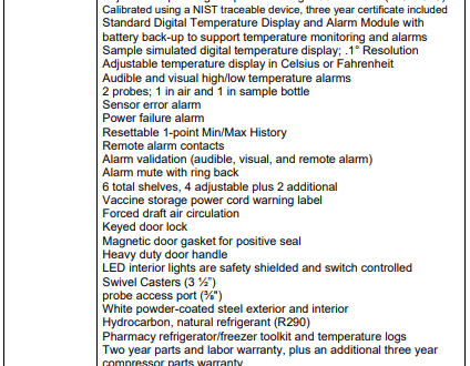 Product information sheet for a 26 cu. ft. pharmacy/vaccine refrigerator with features and specifications listed.