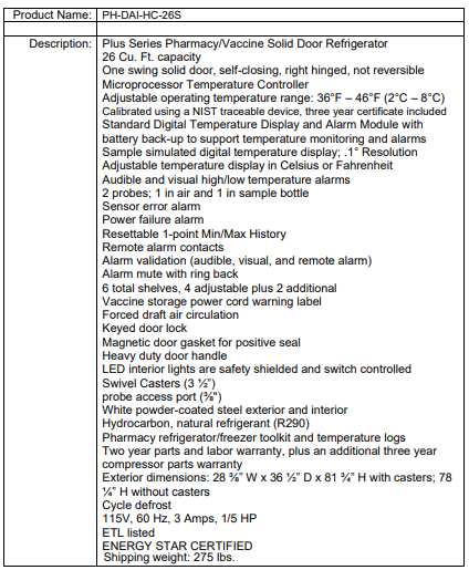 Product information sheet for a 26 cu. ft. pharmacy/vaccine refrigerator with features and specifications listed.