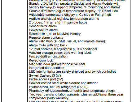 Specification sheet for a PH-DAI-HC-33G vaccine refrigerator, listing features, capacities, and dimensions.