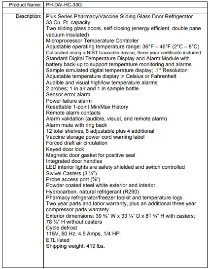 Specification sheet for a PH-DAI-HC-33G vaccine refrigerator, listing features, capacities, and dimensions.