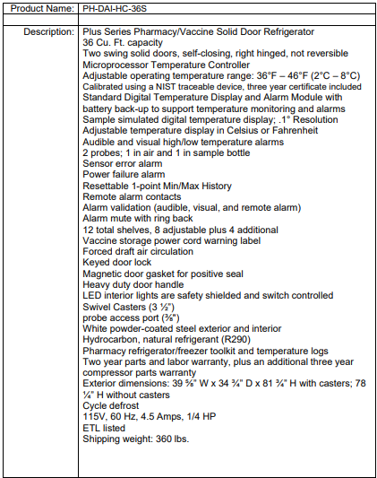 Product info sheet for a pharmacy/vaccine refrigerator with features, specs, dimensions, and safety details listed.