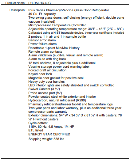 Specification sheet for a pharmacy/vaccine glass door refrigerator with detailed features and dimensions listed.