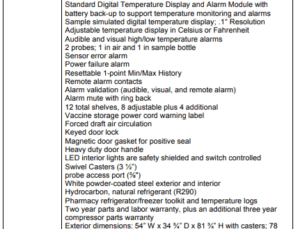 Specs sheet for a PH-DAI-HC-49S pharmacy/vaccine refrigerator, listing features, dimensions, and certifications.