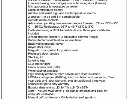 Specification sheet for a pharmacy refrigerator & freezer combo, listing features, dimensions, and technical details.