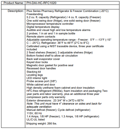 Specification sheet for a pharmacy refrigerator & freezer combo, listing features, dimensions, and technical details.