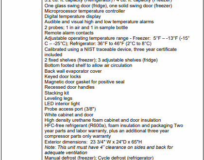 Table listing features and specifications of a pharmacy refrigerator and freezer with model PH-DAI-HC-RFC1020G.