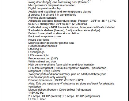 Product specs for PH-DAI-HC-RFC1040 pharmacy refrigerator/freezer combo, including size, power, and features.