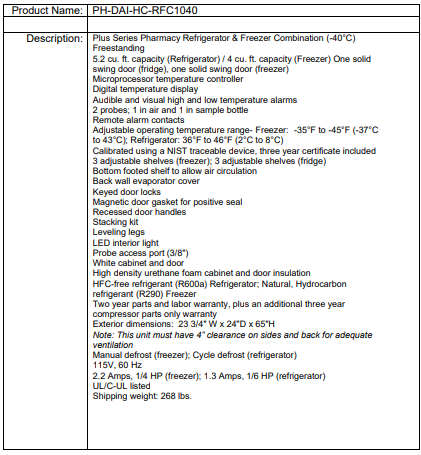 Product specs for PH-DAI-HC-RFC1040 pharmacy refrigerator/freezer combo, including size, power, and features.