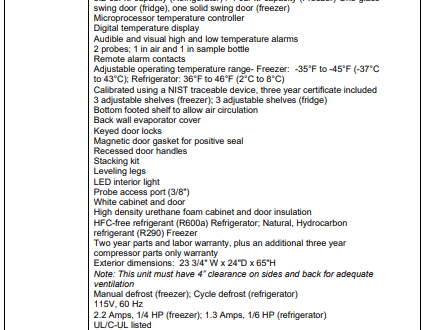 Chart listing specifications and features for the PH-DAI-HC-RFC1040G pharmacy refrigerator and freezer.