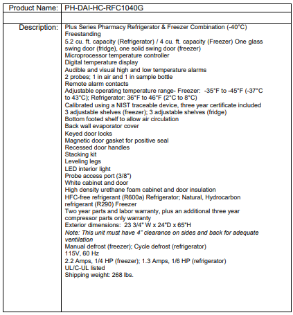 Chart listing specifications and features for the PH-DAI-HC-RFC1040G pharmacy refrigerator and freezer.