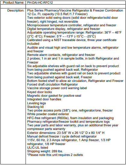 Specification sheet for a pharmacy/vaccine refrigerator & freezer combination, listing features and details.
