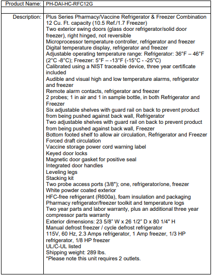 Product specification sheet for a 12 cu. ft. pharmacy/vaccine refrigerator and freezer combination.