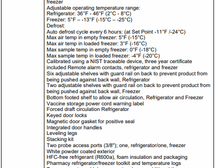 Product specifications sheet for a pharmacy/vaccine refrigerator and freezer combo with listed features and details.