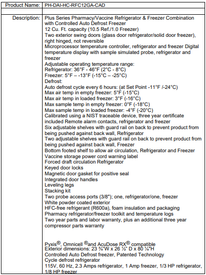 Product specifications sheet for a pharmacy/vaccine refrigerator and freezer combo with listed features and details.