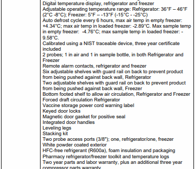 Product specs table for a pharmacy refrigerator/freezer, listing capacity, dimensions, features, and power details.