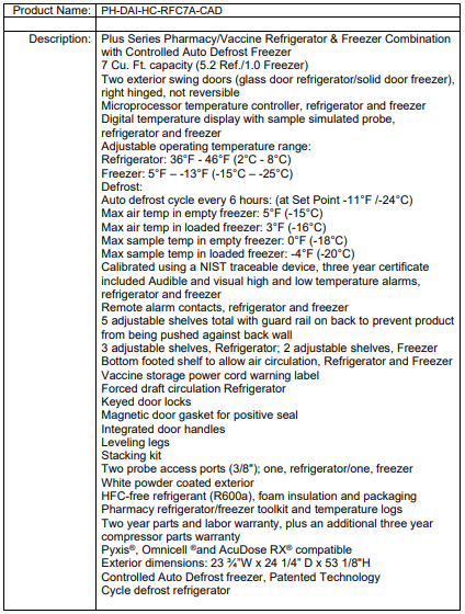 Specification sheet for a pharmacy refrigerator/freezer combo, listing features, temperatures, and dimensions.