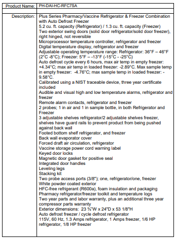 Product specs table for a pharmacy/vaccine refrigerator-freezer combo, listing features, capacity, and certifications.
