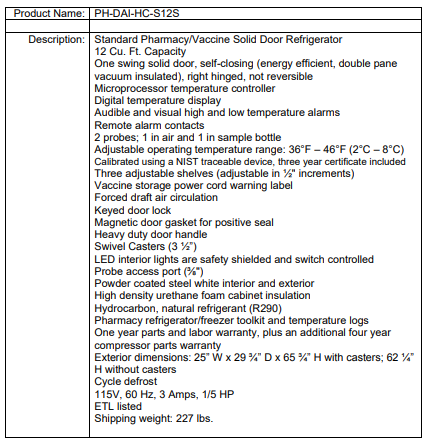 Table listing features and specifications of a pharmacy/vaccine solid door refrigerator model PH-DAI-HC-S12S.