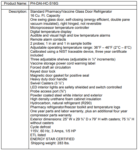 Product details for a pharmacy/vaccine refrigerator, listing specs, features, and dimensions in a table format.