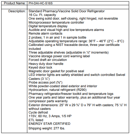 Specification sheet for a vaccine refrigerator, listing features, dimensions, and technical details.