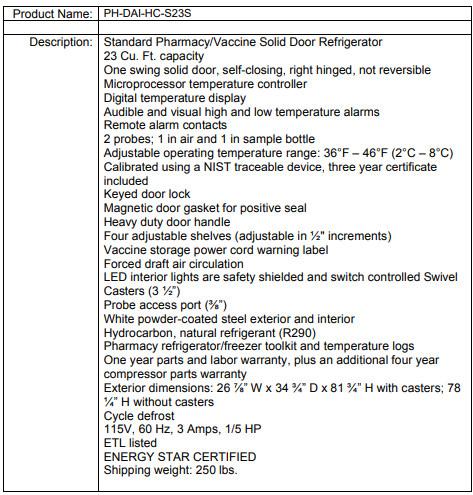 Table listing specifications and features for a pharmacy/vaccine solid door refrigerator model PH-DAI-HC-S23S.