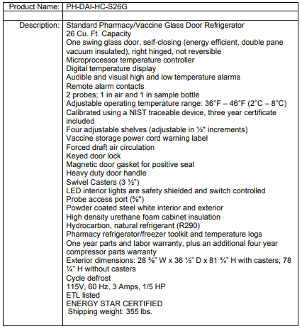Specification sheet for a vaccine refrigerator listing features, dimensions, and certifications.
