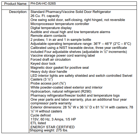 Specification sheet for a pharmacy/vaccine solid door refrigerator, listing features, certifications, and dimensions.